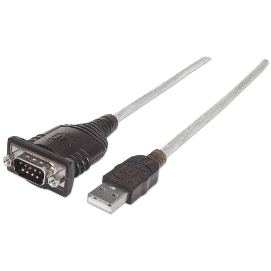 Manhattan USB-A to Serial Converter cable, 45cm, Male to Male, Serial/RS232/COM/DB9, FTDI FT232RL Chip, Windows 11 compatible (plus previous o/s), Black/Silver cable, Three Years Warranty, Equivalent to ICUSB2321F. Image