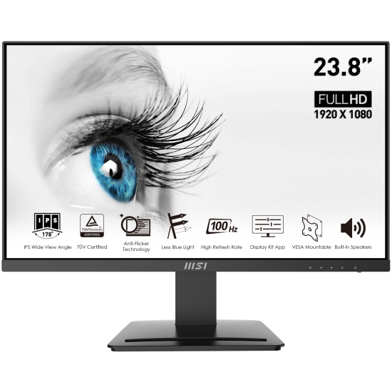 MSI Pro MP243X 23.8 Inch Monitor, Full HD (1920 x 1080), 100Hz, IPS, 4ms, HDMI, DisplayPort, Built-in Speakers, Anti-Glare, Anti-Flicker, Less Blue light, TÜV Certified, VESA, Kensington, Black Image