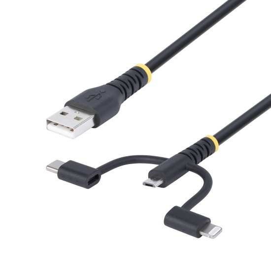 StarTech.com 3.3ft (1m) Rugged USB Multi Charging Cable, USB to Lightning/Micro-USB/Type-C, Apple MFi Certified, Aramid Jacket, Universal 3-in-1 USB Charger Cord for iPhone/iPad/Android Image