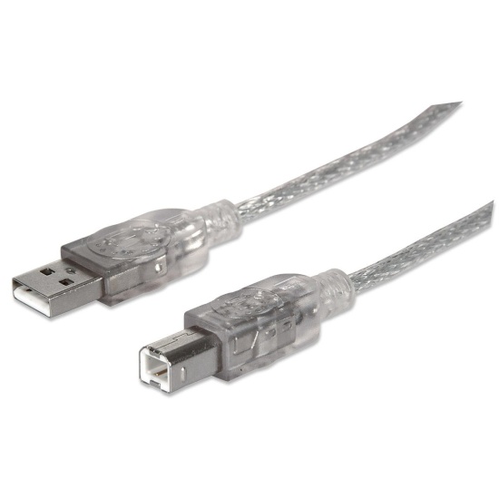 Manhattan USB-A to USB-B Cable, 3m, Male to Male, Translucent Silver, 480 Mbps (USB 2.0), Hi-Speed USB, Lifetime Warranty, Equivalent to USB2AA2M (except colour). Image