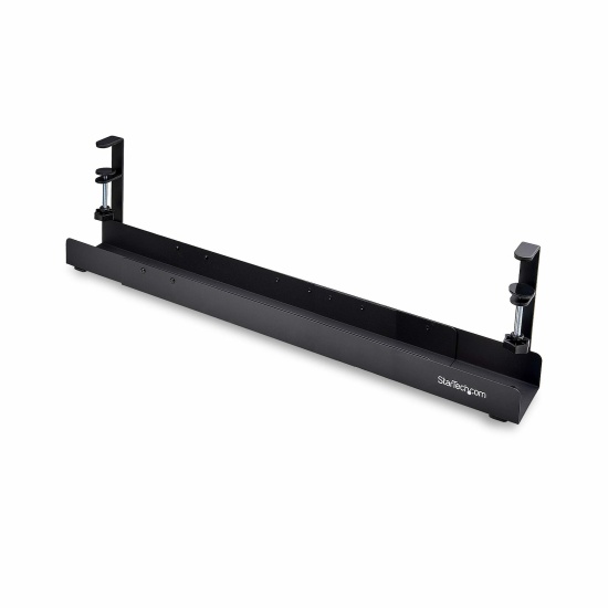 StarTech.com Under Desk Cable Management Tray, Length Adjustable Cable Organizer, Clamp-On Installation, No Drilling Required, Power Bar Holder, Black Image