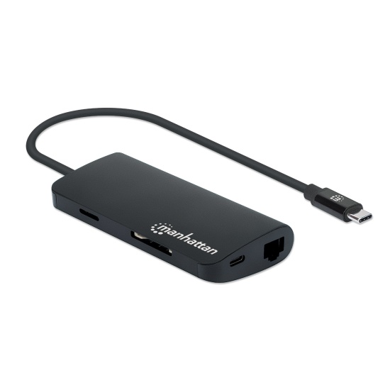 Manhattan USB-C Dock/Hub with Card Reader, Ports (x5): Ethernet, USB-A (3) and USB-C, 5 Gbps (USB 3.2 Gen1 aka USB 3.0), With Power Delivery (100W) to USB-C Port (Note additional USB-C wall charger and USB-C cable needed), Universal for all devices, Alumi Image