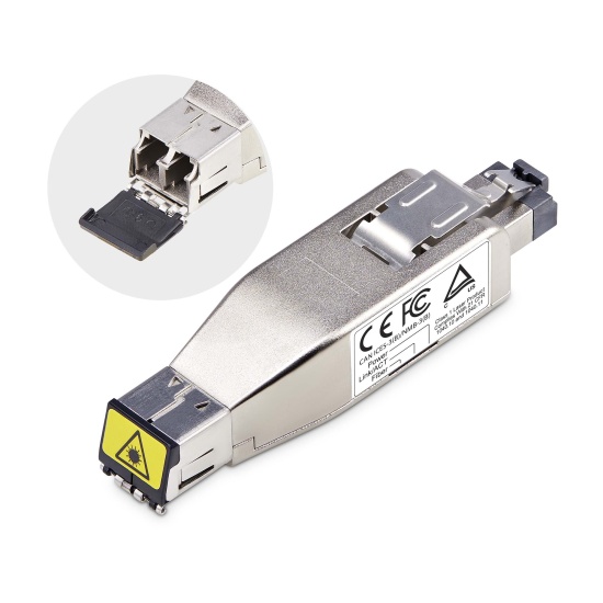 StarTech.com Gigabit Fiber to RJ45 Ethernet Media Converter Dongle, Optical Singlemode 10km/Multimode 800m, PoE Powered, Compact Design, Metal Housing, Micro Mini, TAA Image