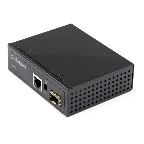 StarTech.com PoE+ Industrial Fiber to Ethernet Media Converter 60W - SFP to RJ45 - Singlemode/Multimode Fiber to Copper Gigabit Ethernet - Compact Size - IP-30/ -40 to +75C - TAA Image