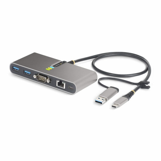 StarTech.com 2-Port USB-C Hub with Ethernet and RS-232, Attached USB-C to USB-A Dongle, 100W PD Pass-Through, 2x USB-A 5Gbps, Gigabit Ethernet, RS232 Serial (FTDI) Image