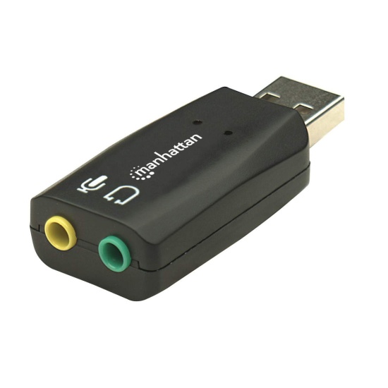 Manhattan USB-A Sound Adapter, USB-A to 3.5mm Mic-in and Audio-Out ports, 480 Mbps (USB 2.0), supports 3D and virtual 5.1 surround sound, Hi-Speed USB, Black, Three Year Warranty Image