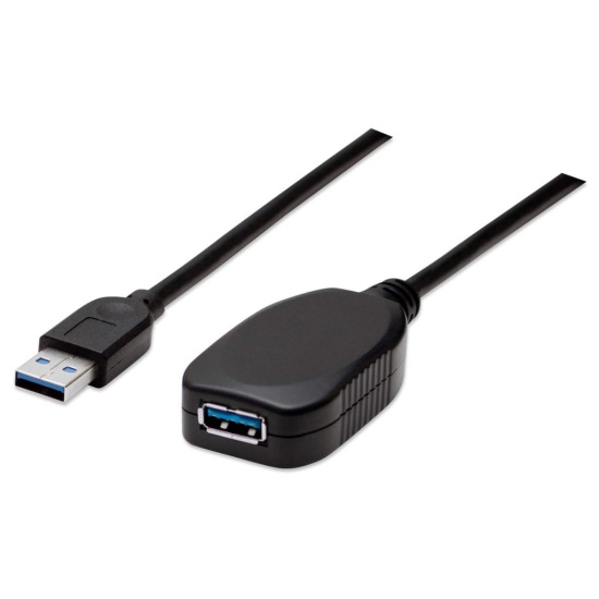 Manhattan USB-A to USB-A Extension Cable, 5m, Male to Female, Active, 5 Gbps (USB 3.2 Gen1 aka USB 3.0), Built In Repeater, SuperSpeed USB, Black, Three Year Warranty, Equivalent to USB2AAEXT5M. Image