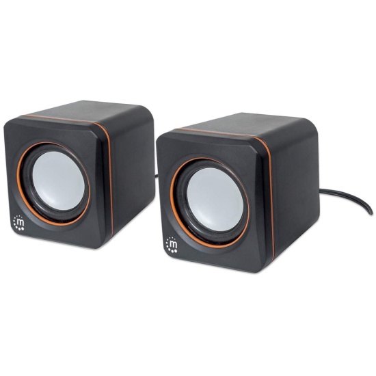 Manhattan 2600 Series Speaker System, Small Size, Big Sound, Two Speakers, Stereo, USB power, Output: 2x 3W, 3.5mm plug for sound, In-Line volume control, Cable 0.9m, Black, Three Year Warranty Image