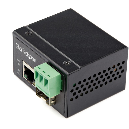StarTech.com Industrial Fiber to Ethernet Media Converter - 100Mbps SFP to RJ45/Cat6 - Singlemode/Multimode Optical Fiber to Copper Network - 12-56V DC - IP-30/ -40 to +75C - TAA Image