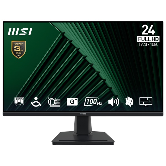 MSI Pro MP245G 24 Inch Monitor, FHD (1920 x 1080), 100Hz, IPS, 1ms, 1x HDMI 1.4b, 1x DP 1.2a output, 1x D-Sub(VGA), Built-in Speakers, Anti-Glare, Anti-Flicker, Less Blue light, TÜV Certified, VESA, Kensington, Black Image