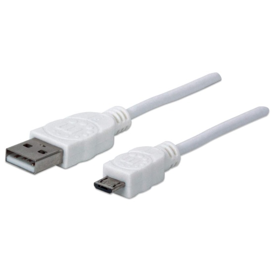 Manhattan USB-A to Micro-USB Cable, 1m, Male to Male, White, 480 Mbps (USB 2.0), Hi-Speed USB, Lifetime Warranty, Equivalent to USBPAUB1MW. Image