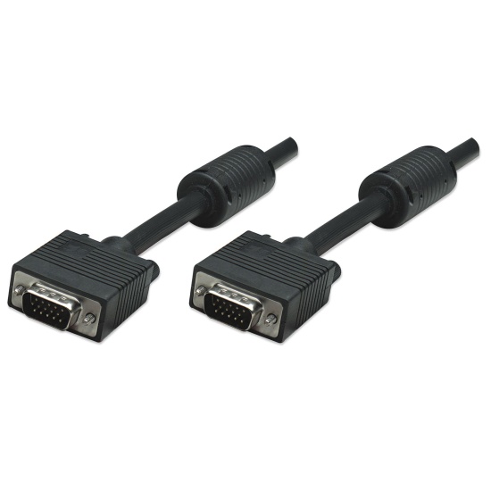 Manhattan VGA Monitor Cable (with Ferrite Cores), 10m, Black, Male to Male, HD15, Cable of higher SVGA Specification (fully compatible), Shielding with Ferrite Cores helps minimise EMI interference for improved video transmission, Lifetime Warranty Image