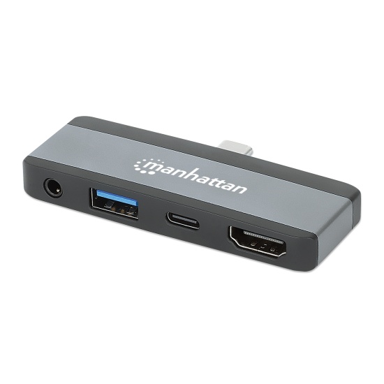 Manhattan USB-C Travel Dock/Hub, Ports (x4): HDMI, USB-A, USB-C and 3.5mm audio, With Power Delivery (100W) to USB-C Port, USB powered (no external power supply required) Image