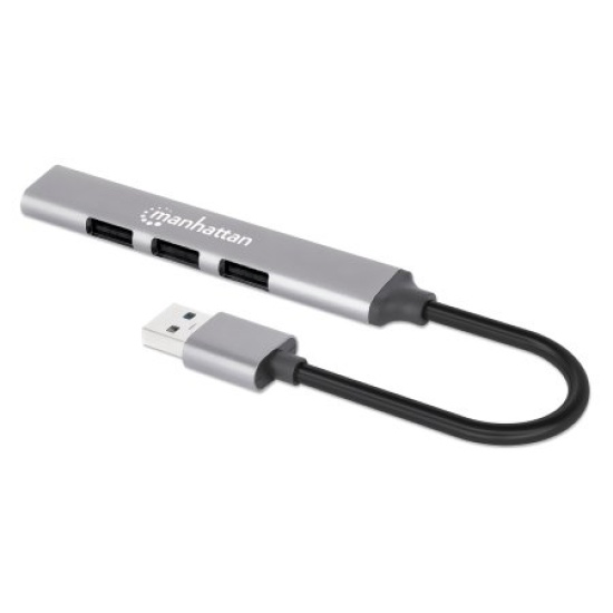 Manhattan USB-A 4-Port Hub, 4x USB-A Ports (1x 5 Gbps USB 3.2 Gen1 aka USB 3.0, 3 x 480 Mbps USB 2.0), USB powered (no external power supply required), Aluminium Image