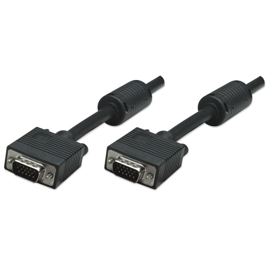Manhattan VGA Monitor Cable (with Ferrite Cores), 1.8m, Black, Male to Male, HD15, Cable of higher SVGA Specification (fully compatible), Shielding with Ferrite Cores helps minimise EMI interference for improved video transmission, Lifetime Warranty Image