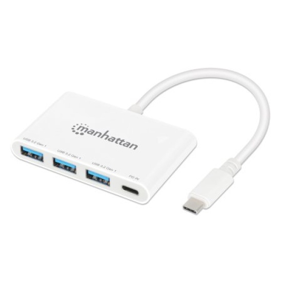 Manhattan USB-C Dock/Hub, Ports (4): USB-A (x3) and USB-C, 5 Gbps (USB 3.2 Gen1 aka USB 3.0), With Power Delivery (100W) to USB-C Port (Note additional USB-C wall charger and USB-C cable needed), Universal for all devices, SuperSpeed USB, White, PD Image