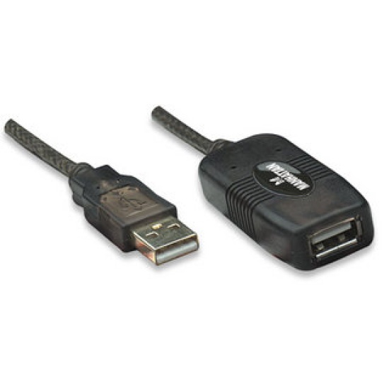 Manhattan USB-A to USB-A Extension Cable, 10m, Male to Female, Active, 480 Mbps (USB 2.0), Daisy-Chainable, Built In Repeater, Hi-Speed USB, Black, Three Year Warranty, Equivalent to USB2AAEXT10M. Image