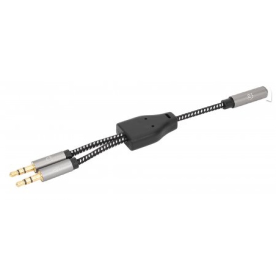 Manhattan Headset Adapter Cable with Stereo Audio Y-Splitter, 3.5mm, Aux, 15cm, Female/2x Male, Splits Single Headset Plug into Microphone and Audio Plugs, Slim Design, Black/Silver, Gold plated contacts and pure oxygen-free copper wire, Lifetime Warranty Image