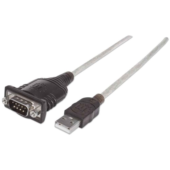 Manhattan USB-A to Serial Converter cable, 1.8m, Male to Male, Serial/RS232/COM/DB9, Prolific PL-2303RA Chip, Black/Silver cable, Three Years Warranty Image