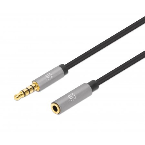 Manhattan Stereo Audio 3.5mm Extension Cable, 3m, Male/Female, Slim Design, Black/Silver, Premium with 24 karat gold plated contacts and pure oxygen-free copper (OFC) wire, Lifetime Warranty Image