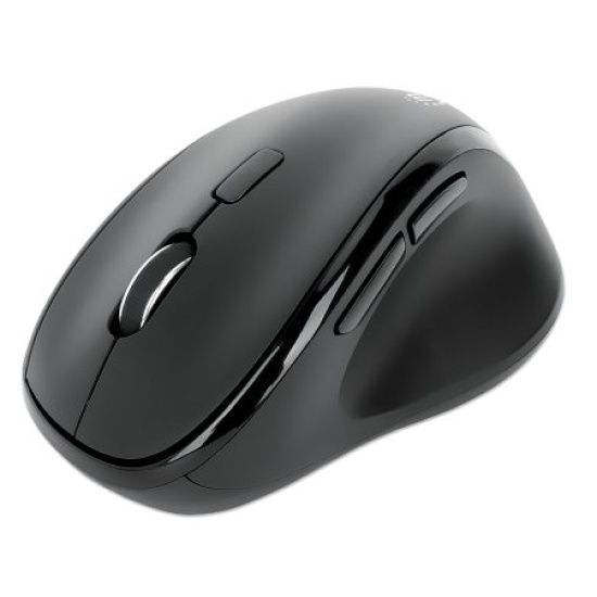 Manhattan Ergonomic Wireless Mouse, Right Handed, Adjustable 800/1200/1600dpi, 2.4Ghz (up to 10m), Six Button with Scroll Wheel, Combo USB=A and USB-C receiver, Black, AA battery (included), Three Year Warranty Image