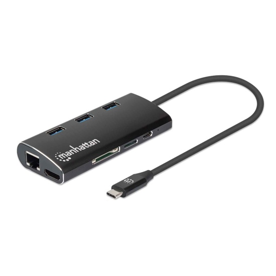 Manhattan USB-C Dock/Hub with Card Reader, Ports (x6): Ethernet, HDMI, USB-A (x3) and USB-C, With Power Delivery (100W) to USB-C Port (Note additional USB-C wall charger and USB-C cable needed), Universal for all devices, Aluminium, Equivalent to DKT30CSD Image