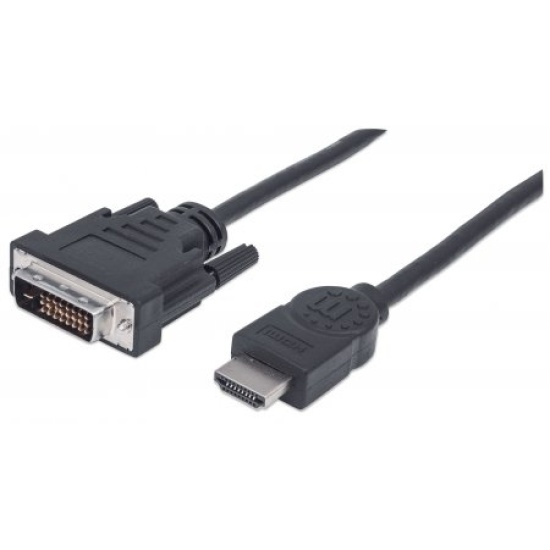 Manhattan HDMI to DVI-D 24+1 Cable, 2m, Male to Male, Black, Dual Link, Compatible with DVD-D, Lifetime Warranty, Equivalent to HDDVIMM2M Image