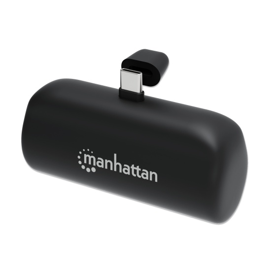 Manhattan Power Bank with integrated USB-C plug, 5000 mAh, Up to 10W output, Kickstand for Use as Charging Phone Holder, Black, One Year Warranty Image