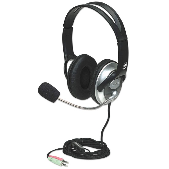 Manhattan Stereo Over-Ear Headset (3.5mm), Microphone Boom (padded), Adjustable Steel Headband, In-Line Volume Control, Ear Cushions, Std 2x 3.5mm stereo jack/plug for audio/mic use, cable 2.5m, 3 Year Warranty Image
