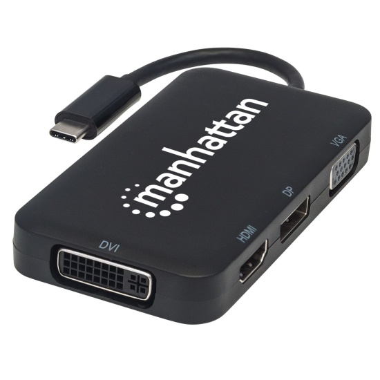 Manhattan USB-C Dock/Hub, Ports (x4): DisplayPort, DVI-I, HDMI or VGA, Note: Only One Port can be used at a time, External Power Supply Not Needed, Universal for all devices, Cable 8cm, Black, Three Year Warranty Image