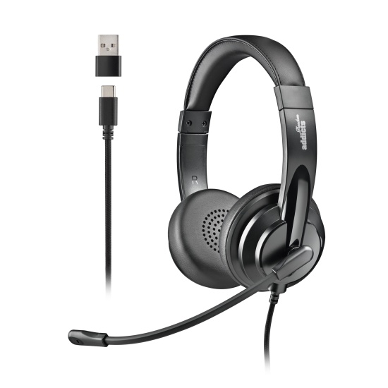 NGS VOX605 USB-C Stereo Headset with Volume Control and USB Adapter, Black Image