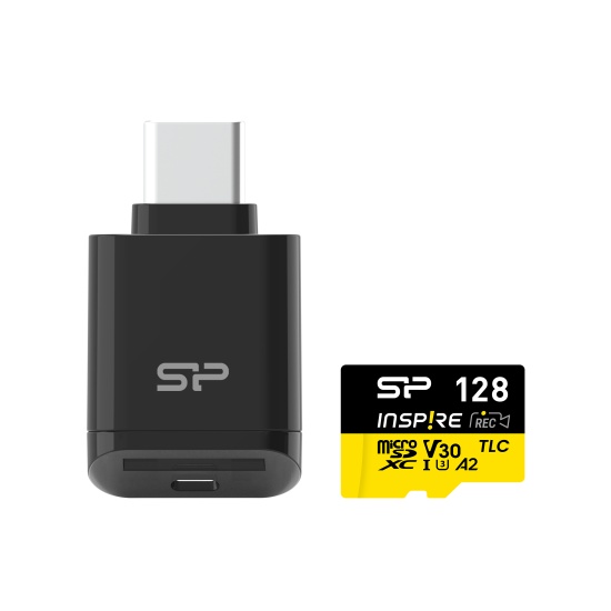 128GB Silicon Power Inspire microSDXC UHS-I V30 A2 4K Memory Card with USB Reader Type-C Image