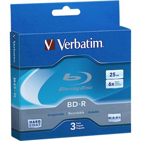 Verbatim Blu-Ray BD-R 97341 25GB 6X Branded 3-Pack Jewel Case Box Image