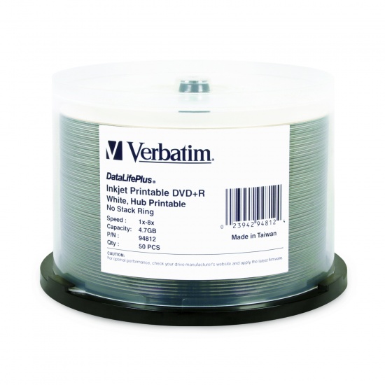 Verbatim DVD+R DataLifePlus 4.7GB 8X White Inkjet 50-Pack Spindle Image