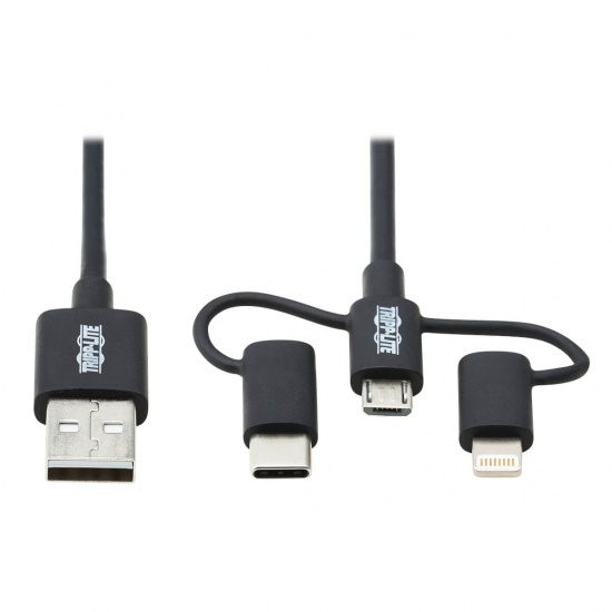 6FT Tripp Lite Universal USB-A to Lightning USB Micro-B and USB-C Charging Cable - Black Image