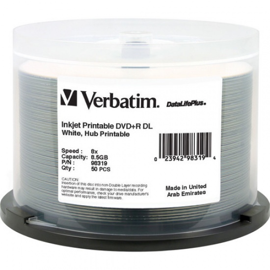 Verbatim DataLifePlus White InkJet 8.5GB 8X DVD+R DL 50-Pack Blank Image