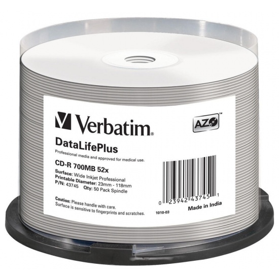 Verbatim CD-R 52x DataLifePlus Wide Inkjet Professional CD-R 700MB 50-Pack Image