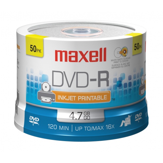 Maxell DVD-R 4.7GB 16x Hub Printable PTC White Matte 50-Pack Spindle Image