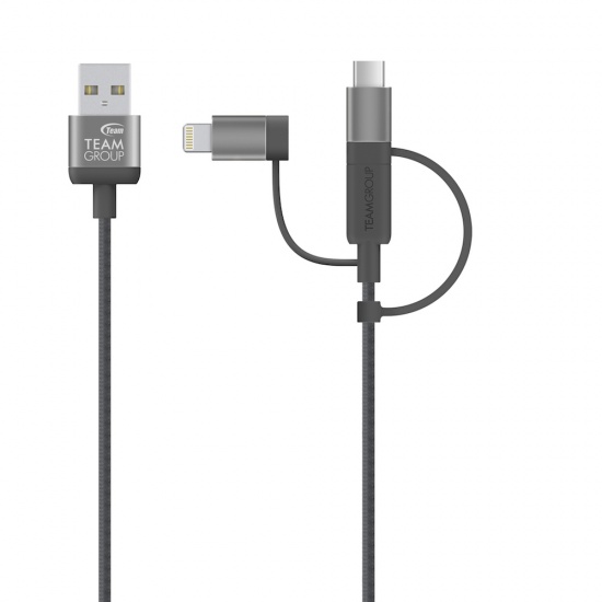 Team 3-in-1 Charging Cable, Lightning, Type-C, Micro USB, Gray 100cm Image