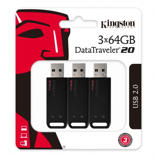 64GB Kingston DataTraveler DT20 USB 2.0 Flash Drive - 3 Pack Image