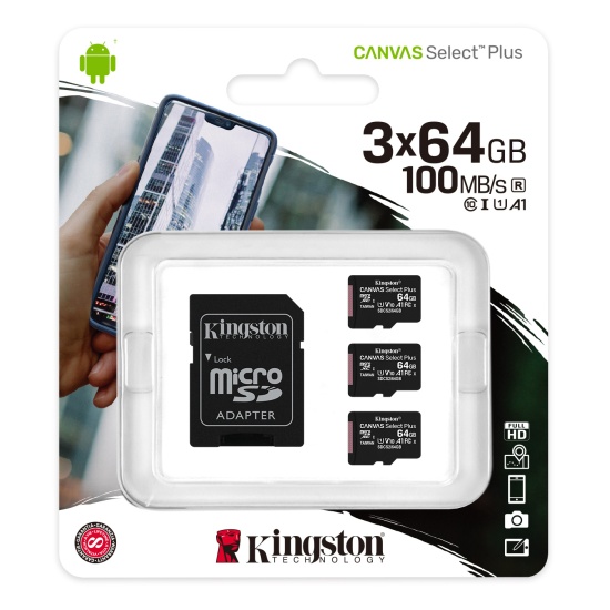 64GB (3-Pack) Kingston Technology Canvas Select Plus MicroSDXC Class 10 UHS-I Memory Card Image