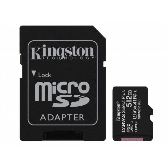 512GB Kingston Canvas Select Plus microSDXC CL10 UHS-1 U3 V30 A1 Memory Card w/Adapter Image