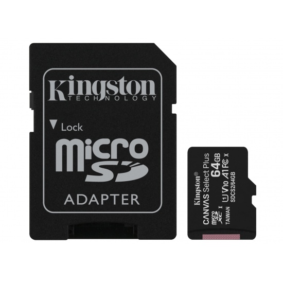 64GB Kingston Canvas Select Plus microSDXC CL10 UHS-1 U1 V10 A1 Memory Card w/Adapter Image
