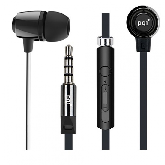 PQI Metallic In-Ear Stereo Earphones, Hands-Free Call Answering, Flat Cable Design, Black Edition Image