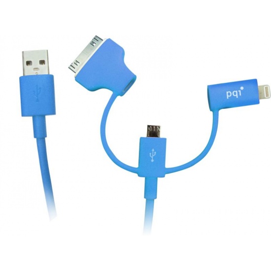 PQI i-Cable Multi-Plug (Blue) for mobile devices - Lightning / Apple 30-pin / Micro USB connectors Image