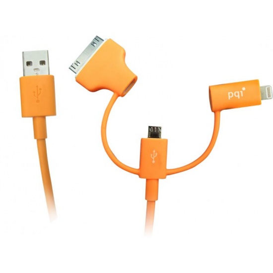 PQI i-Cable Multi-Plug (Orange) for mobile devices - Lightning / Apple 30-pin / Micro USB connectors Image