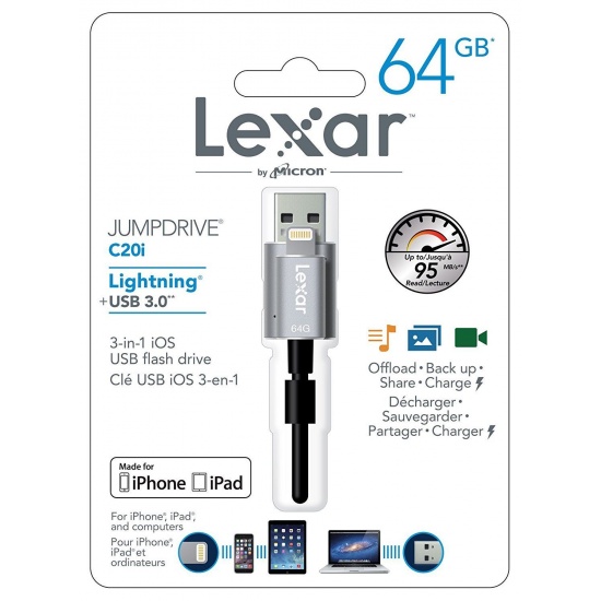 64GB Lexar C20i USB 3.0 Flash Drive Black/Silver Image