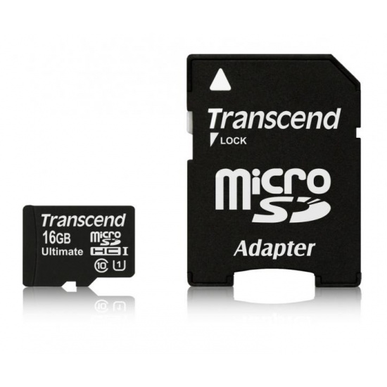 16GB Transcend Ultimate microSDHC CL10 UHS-1 High-Speed Memory Card with SD Adapter Image