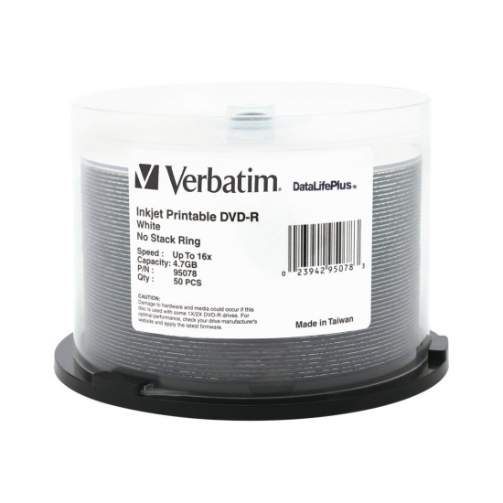 Verbatim DataLifePlus White Inkjet DVD-R Media 16x 4.7GB 50-Pack Spindle Image