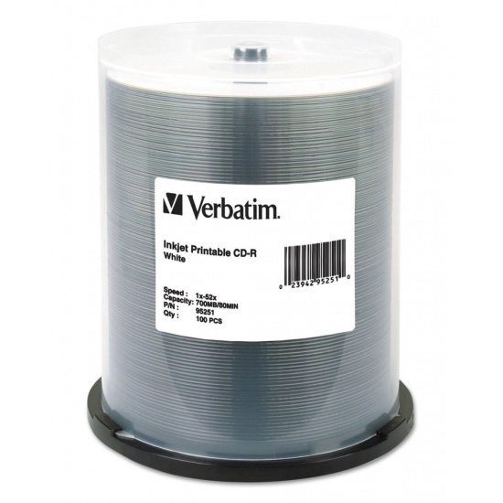 Verbatim CD-R White Inkjet Printable 52x 700MB 100-Pack Spindle Image